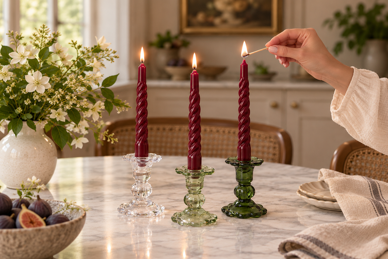Glass Scalloped Candlesticks, Green, Set of 3