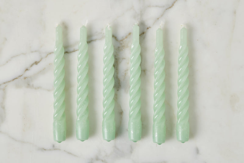 Lacquered Twisted Taper Candles, Sage, Set of 6