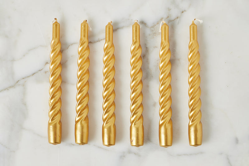Lacquered Twisted Taper Candles, Gold, Set of 6