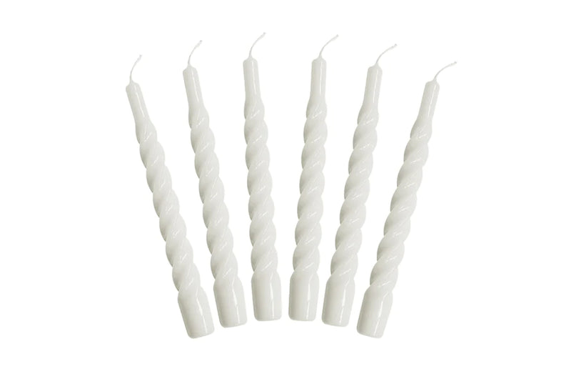 Lacquered Twisted Taper Candles, White, Set of 6