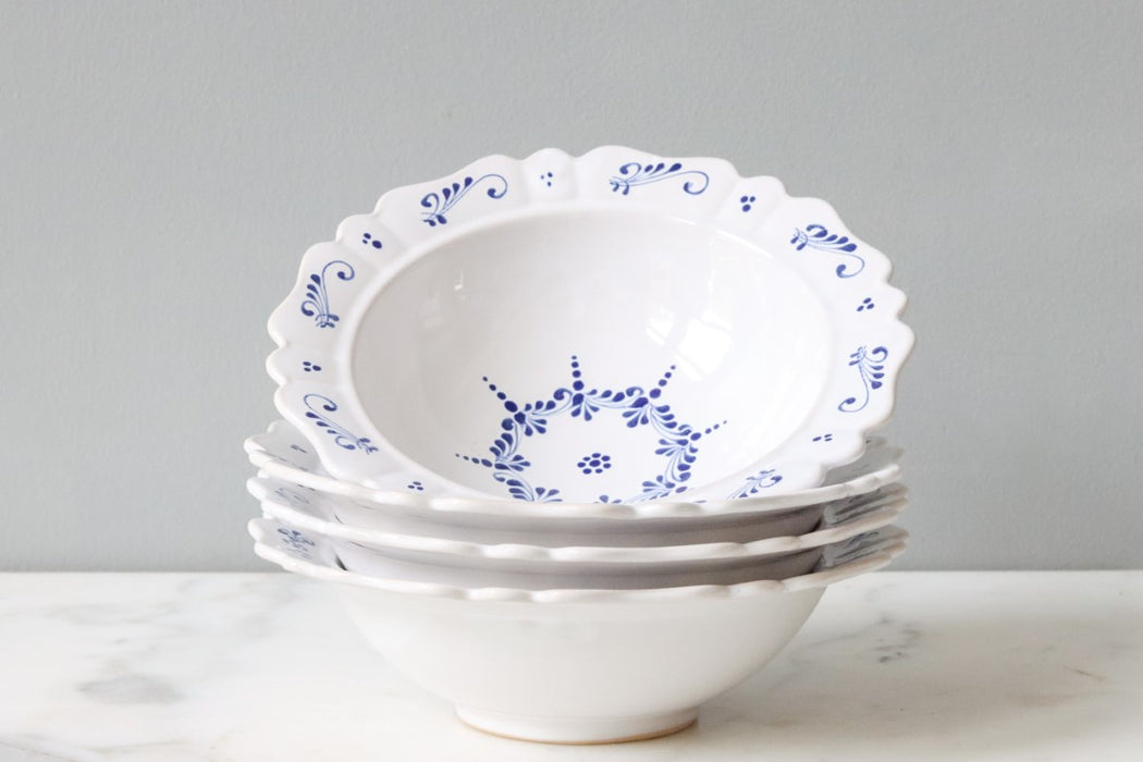 Scalloped Soup Bowl, White with Blue Decoration, Set of 4
