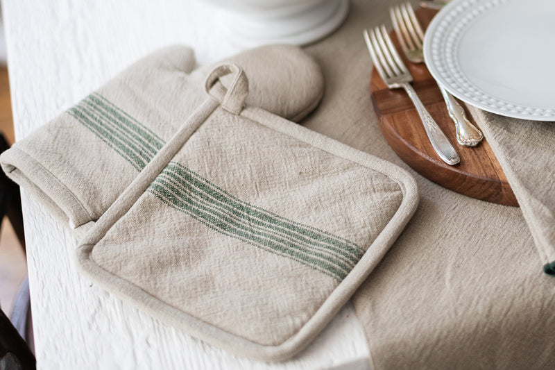 Oven Mitt, Vintage Spruce Green Stripe, Set of 2
