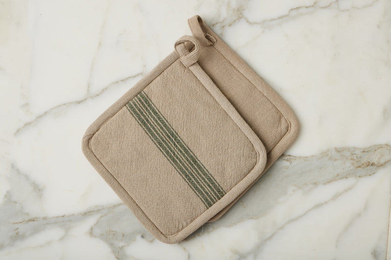 Pot Holder, Vintage Spruce Green Stripe, Set of 2