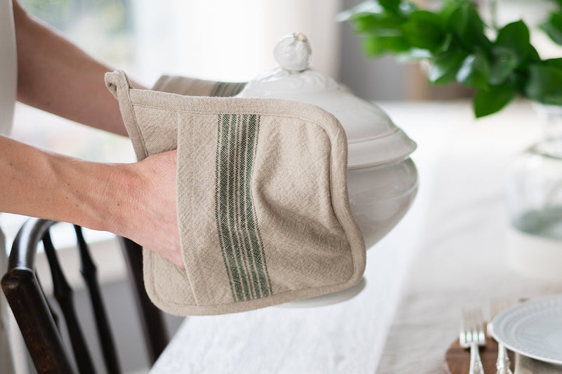 Pot Holder, Vintage Spruce Green Stripe, Set of 2