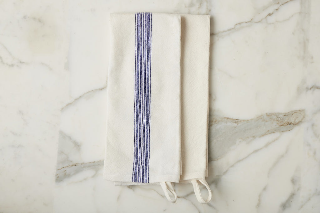 Kitchen Tea Towel Vintage Navy Blue Stripe Set 2