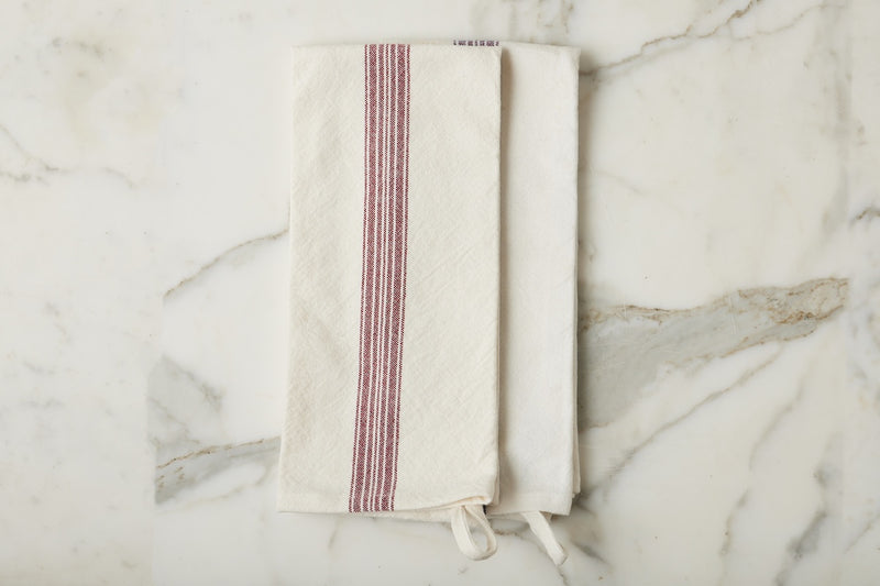 Kitchen Tea Towel, Vintage Merlot Red Stripe, Set of 2