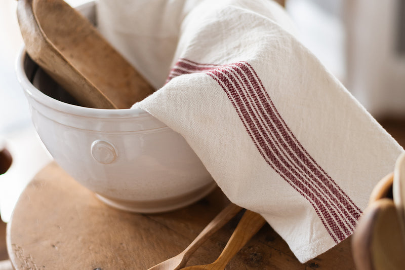 Kitchen Tea Towel, Vintage Merlot Red Stripe, Set of 2