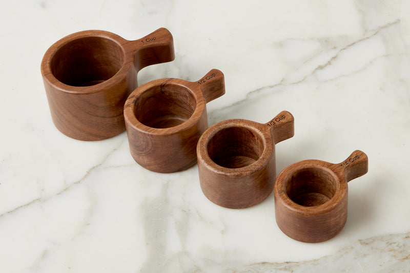 French Bistro Wood Measuring Cups in Vintage Merlot Red Stripe Bag, Set of 4