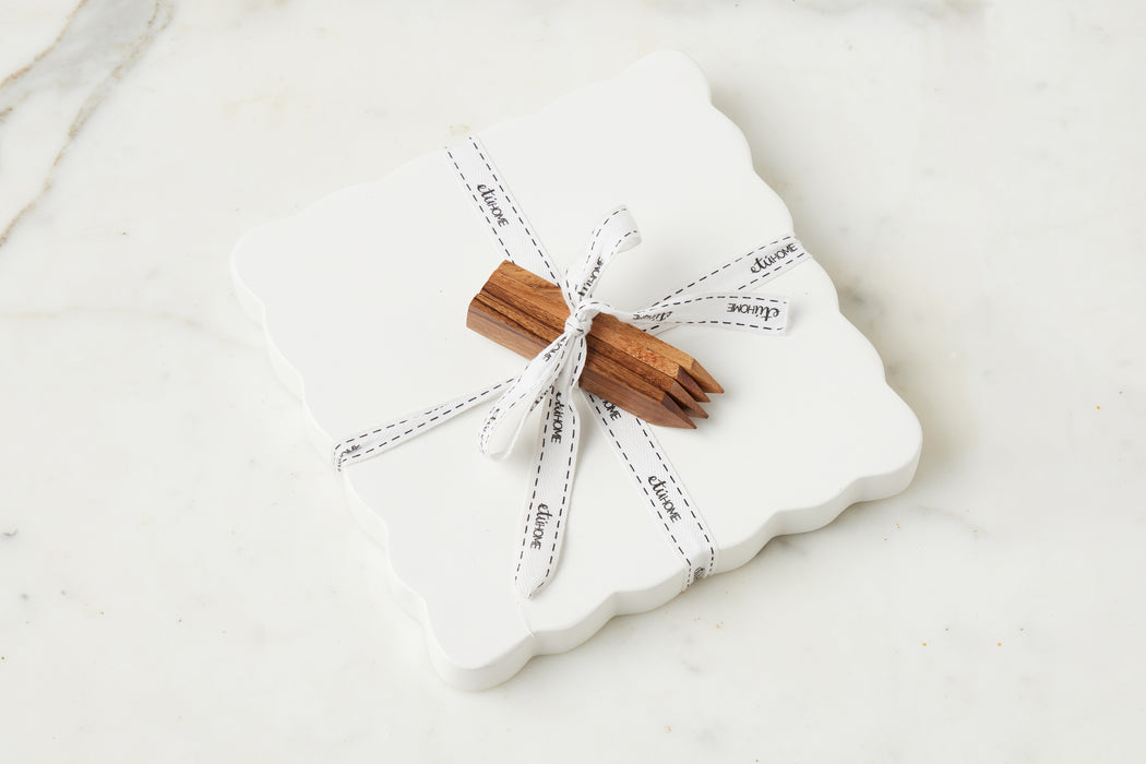 Square Scalloped Cheese Board with Cheese Markers, Small, White