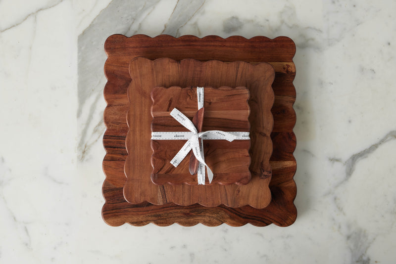Scalloped cutting boards, scalloped wood coasters, and found silver spreaders
