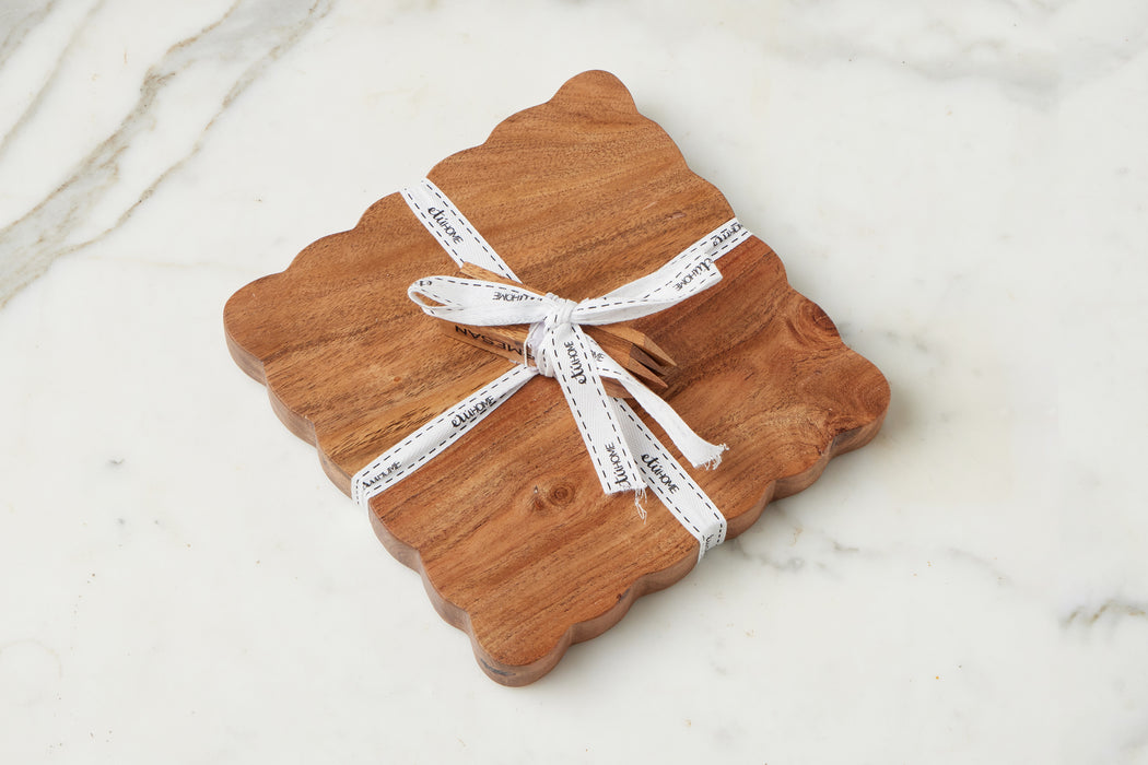 Square Scalloped Cheese Board with Cheese Markers, Small, Natural