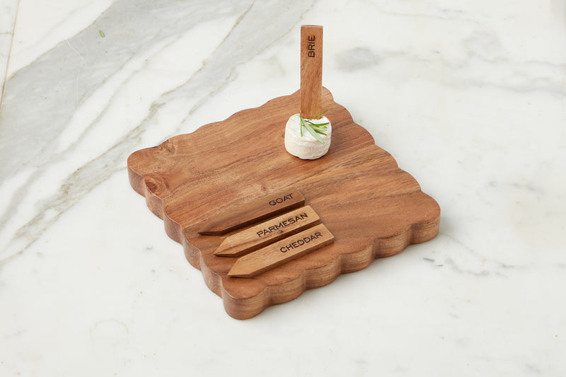 Square Scalloped Cheese Board with Cheese Markers, Small, Natural