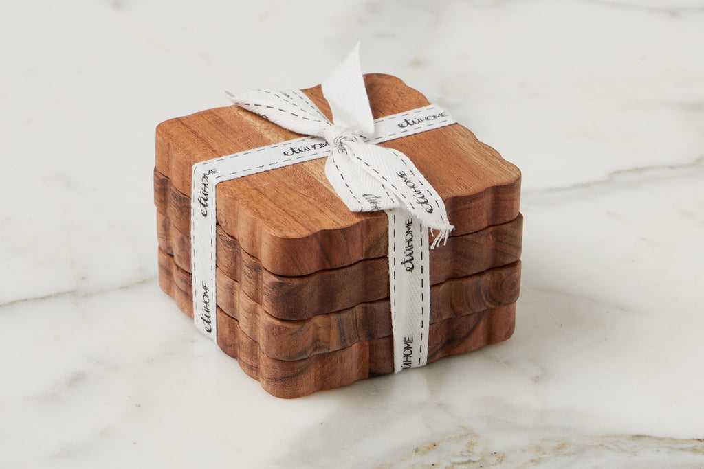 Scalloped Wood Coasters Square Natural Set 4