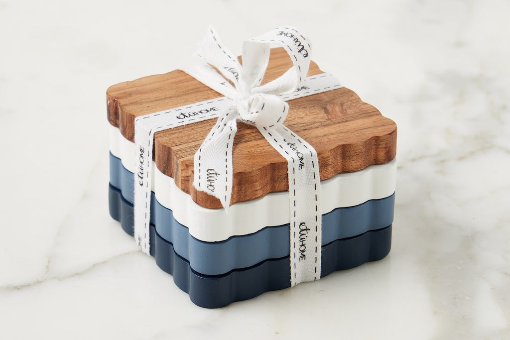 Scalloped Wood Coasters Square Maritime Colors Set 4