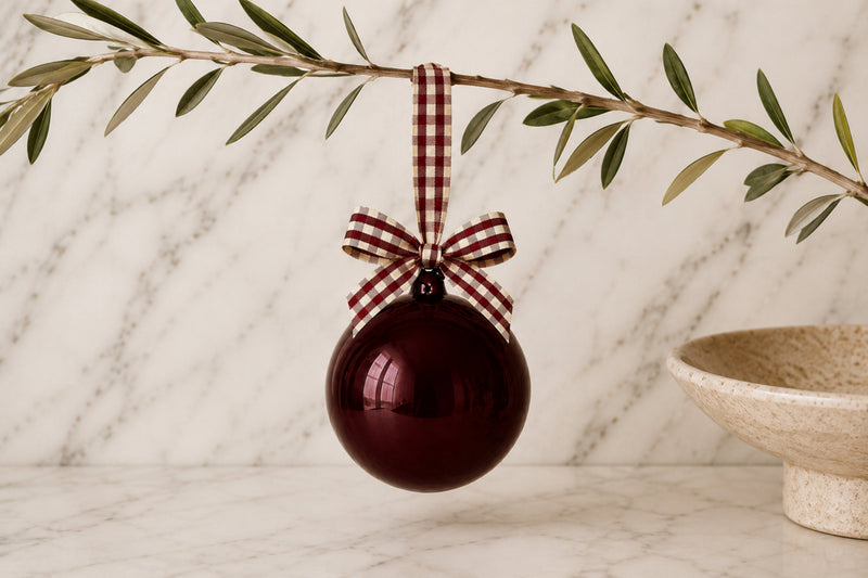 5" Glass Globe Ornament, Merlot Plaid