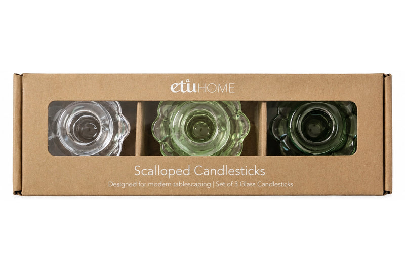 Glass Scalloped Candlesticks, Green, Set of 3
