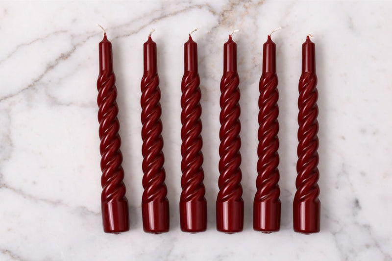 Lacquered Twisted Taper Candles, Merlot, Set of 6