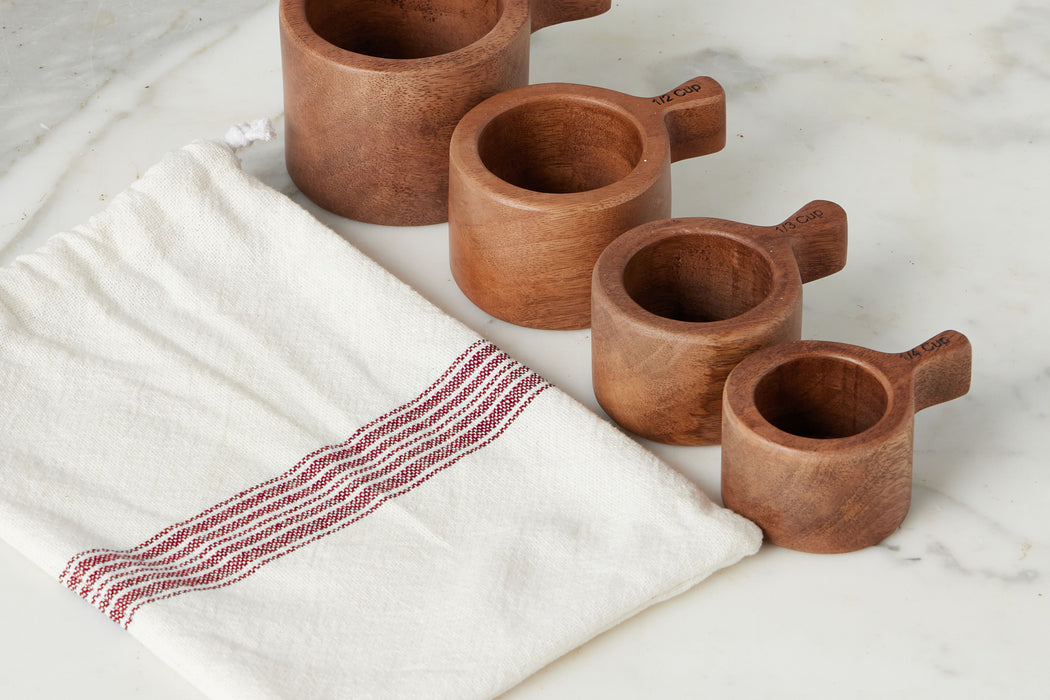 French Bistro Wood Measuring Cups in Vintage Merlot Red Stripe Bag, Set of 4