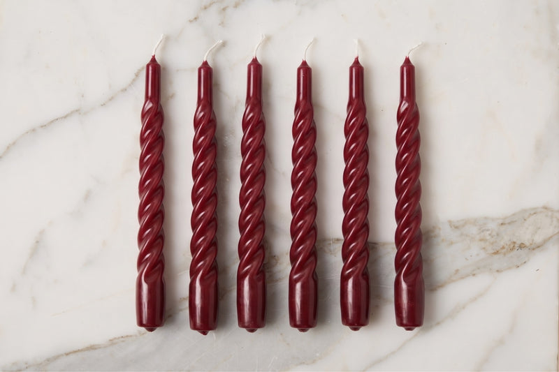 Lacquered Twisted Taper Candles, Merlot, Set of 6
