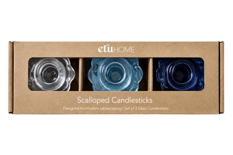 Glass Scalloped Candlesticks, Blue, Set of 3