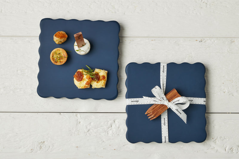 Square Scalloped Cheese Board with Cheese Markers, Small, Navy Blue