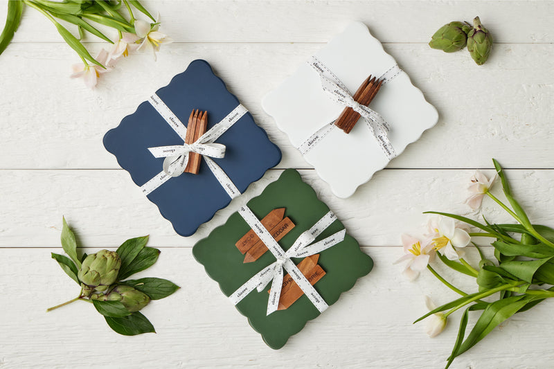 Square Scalloped Cheese Board with Cheese Markers, Small, Spruce Green