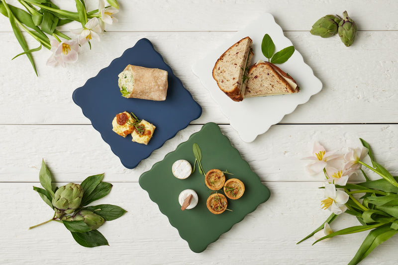 Square Scalloped Cheese Board with Cheese Markers, Small, Spruce Green