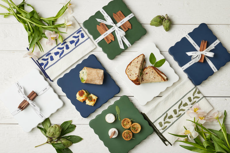 Square Scalloped Cheese Board with Cheese Markers, Small, Navy Blue