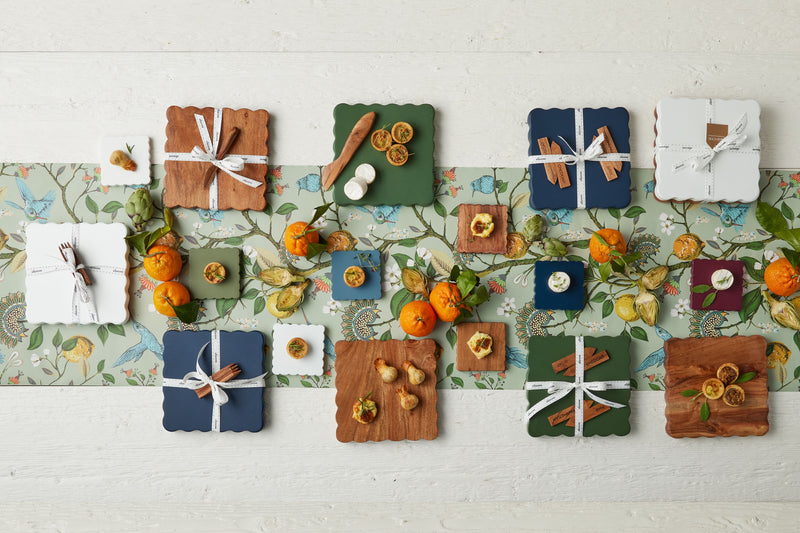 Square Scalloped Cheese Board with Spreader, Small, Natural