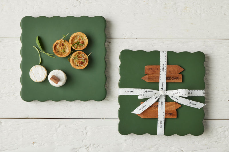 Square Scalloped Cheese Board with Cheese Markers, Small, Spruce Green