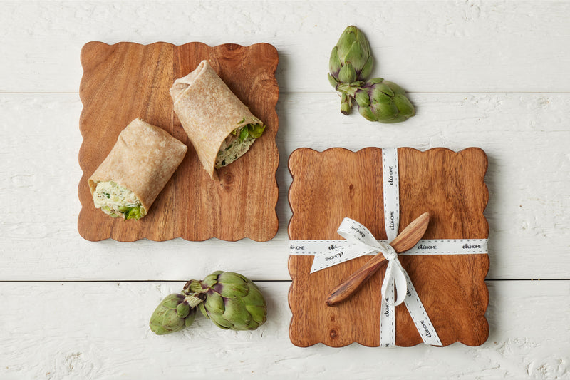 Square Scalloped Cheese Board with Spreader, Small, Natural