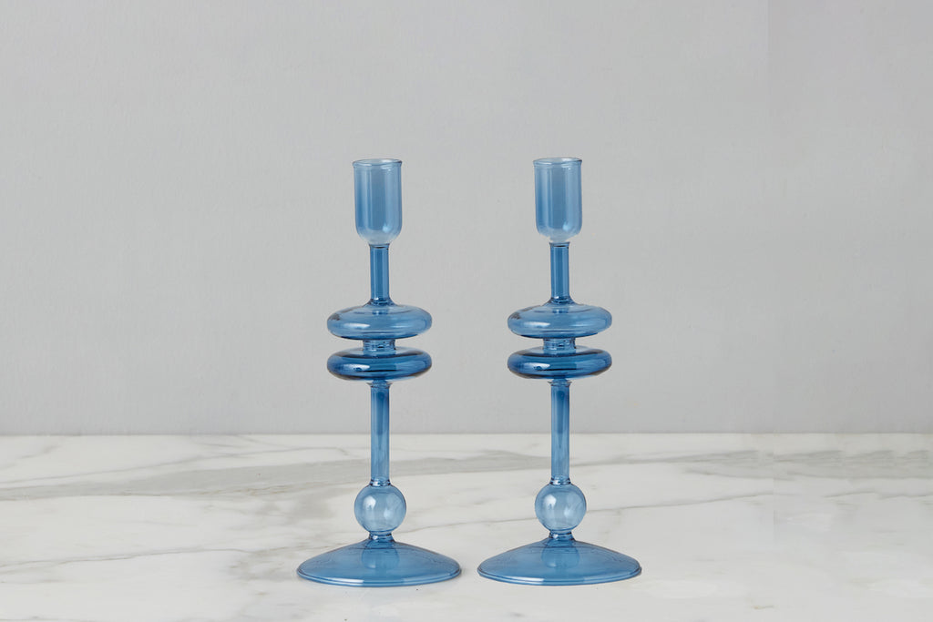 Sapphire Glass Candlestick Pair Small