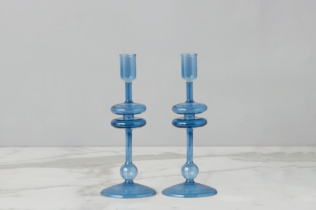 Sapphire Glass Candlestick Pair, Small