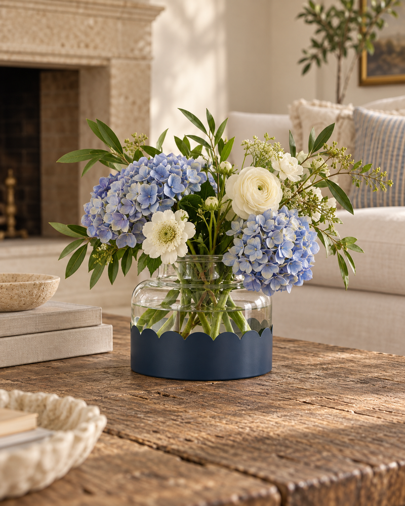 2-in-1 Scalloped Bloom Vase, White/Navy Blue