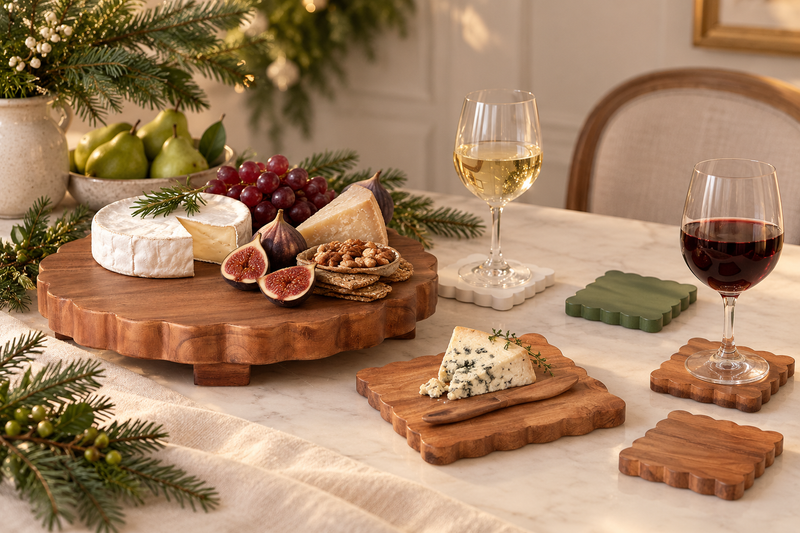 Scalloped Wood Coasters, Square, Vineyard Colors, Set of 4