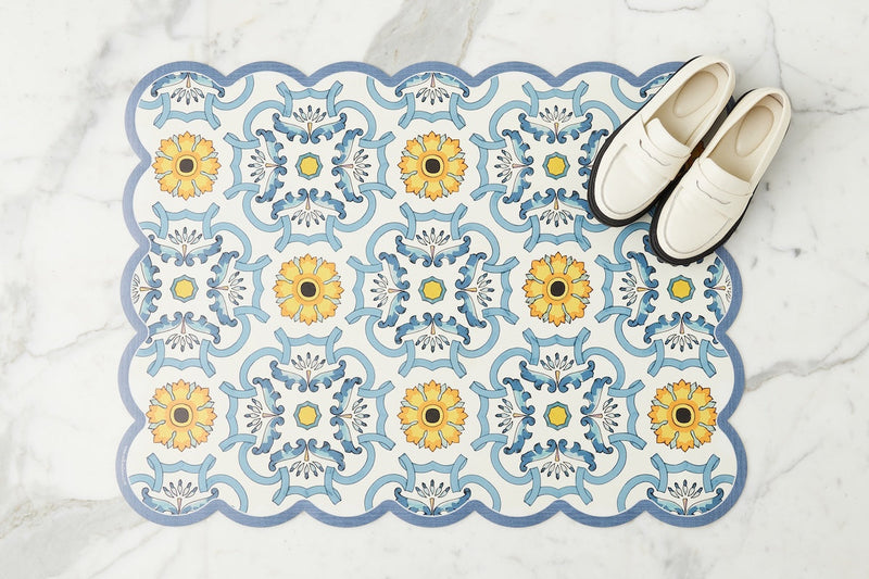 Scalloped Floor Mat, Rectangle, Denim and Yellow (24" x 32")