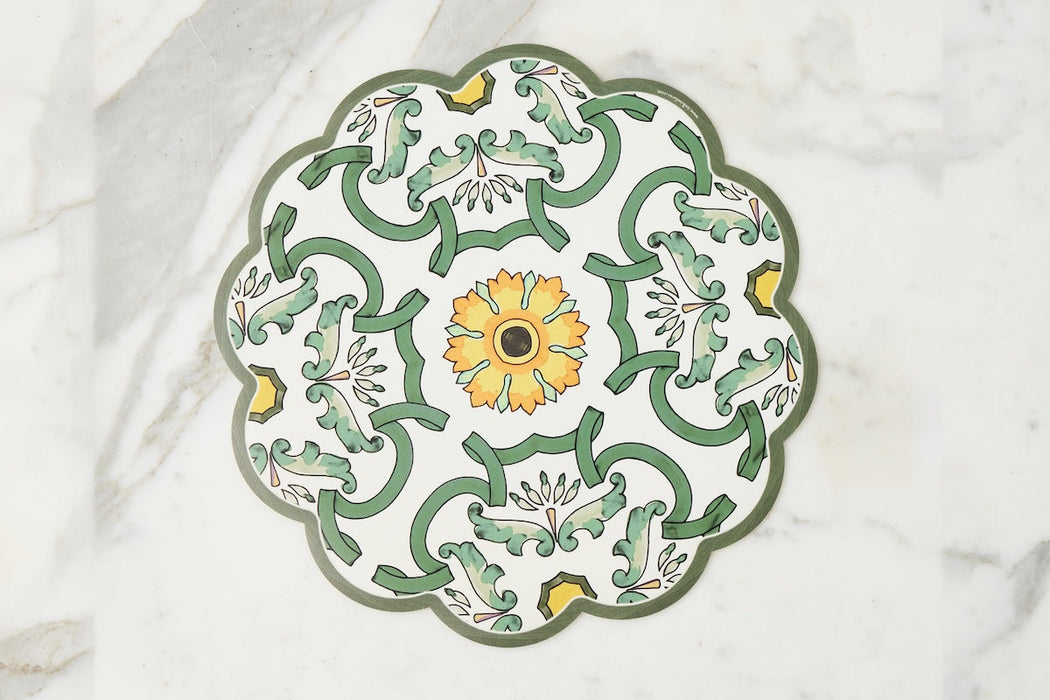 Scalloped Placemat, Round, Sage and Yellow