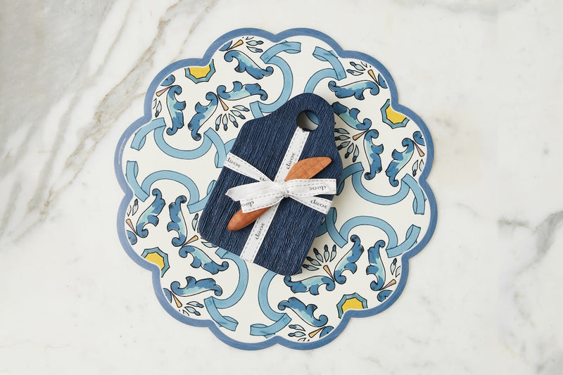 Scalloped Placemat, Round, Denim and Yellow