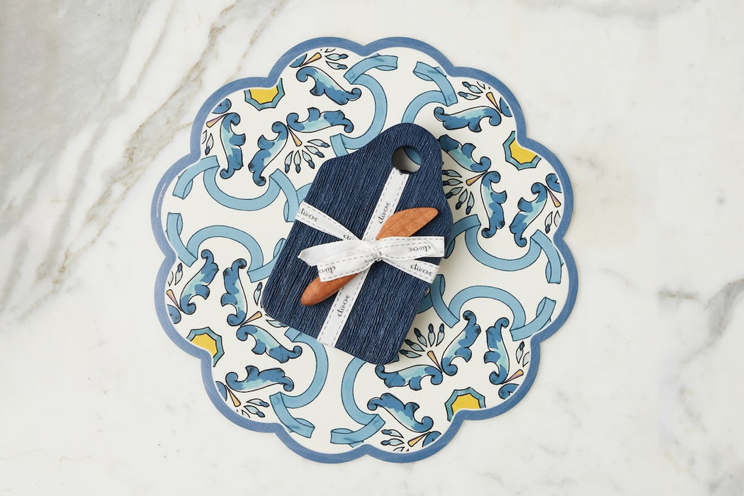 Scalloped Placemat, Round, Denim and Yellow