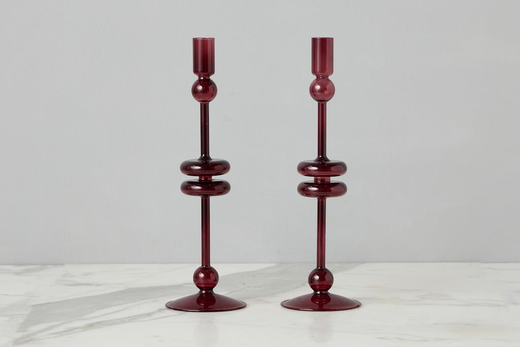 Glass Candlestick Pair Large Merlot