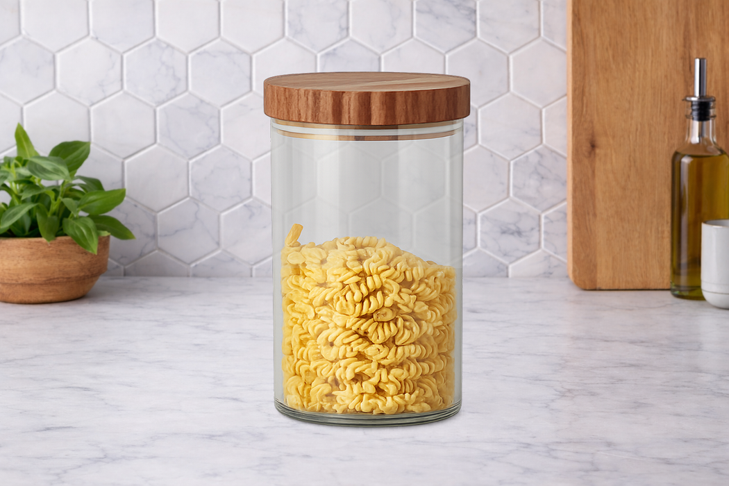 Glass Canister, Scalloped Wood Top