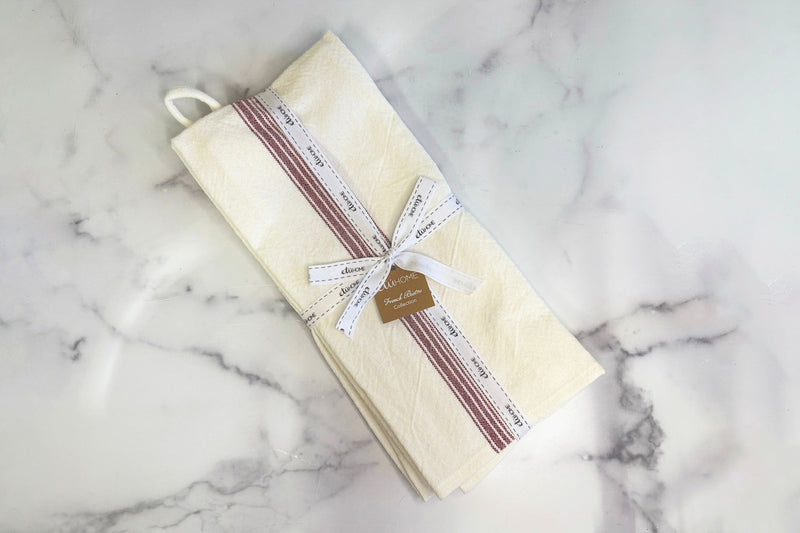 Kitchen Tea Towel, Vintage Merlot Red Stripe, Set of 2