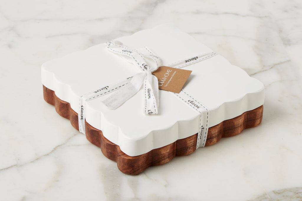 Scalloped Appetizer Cheese Board White Natural Set 2