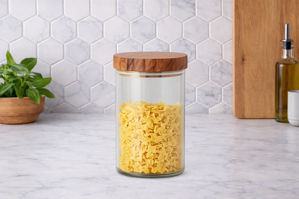 Glass Canister, Scalloped Wood Top