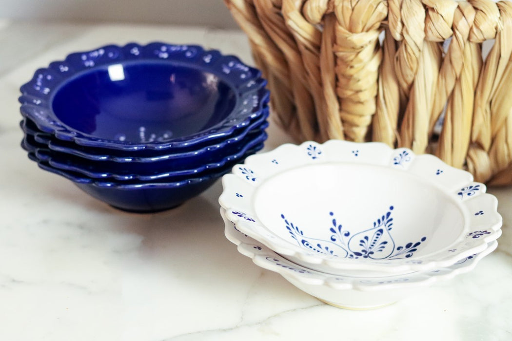 Scalloped Soup Bowl, White with Blue Decoration, Set of 4