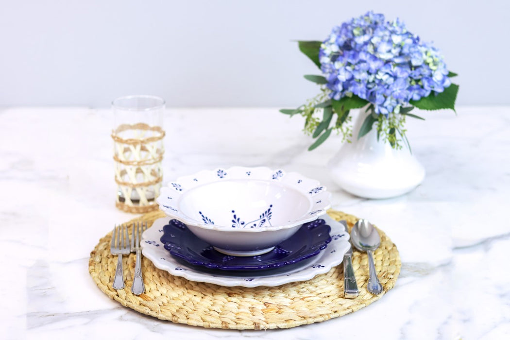 Scalloped Salad Plate, Blue with White Decoration, Set of 4