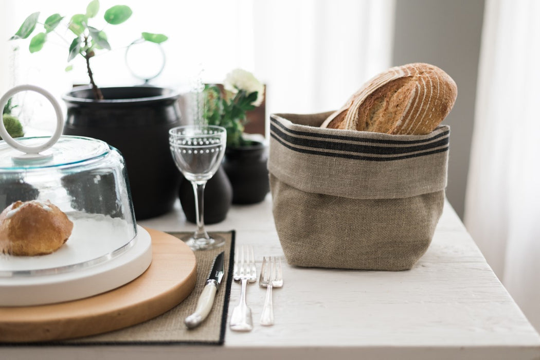 French Linen Bread Basket, Black Stripe